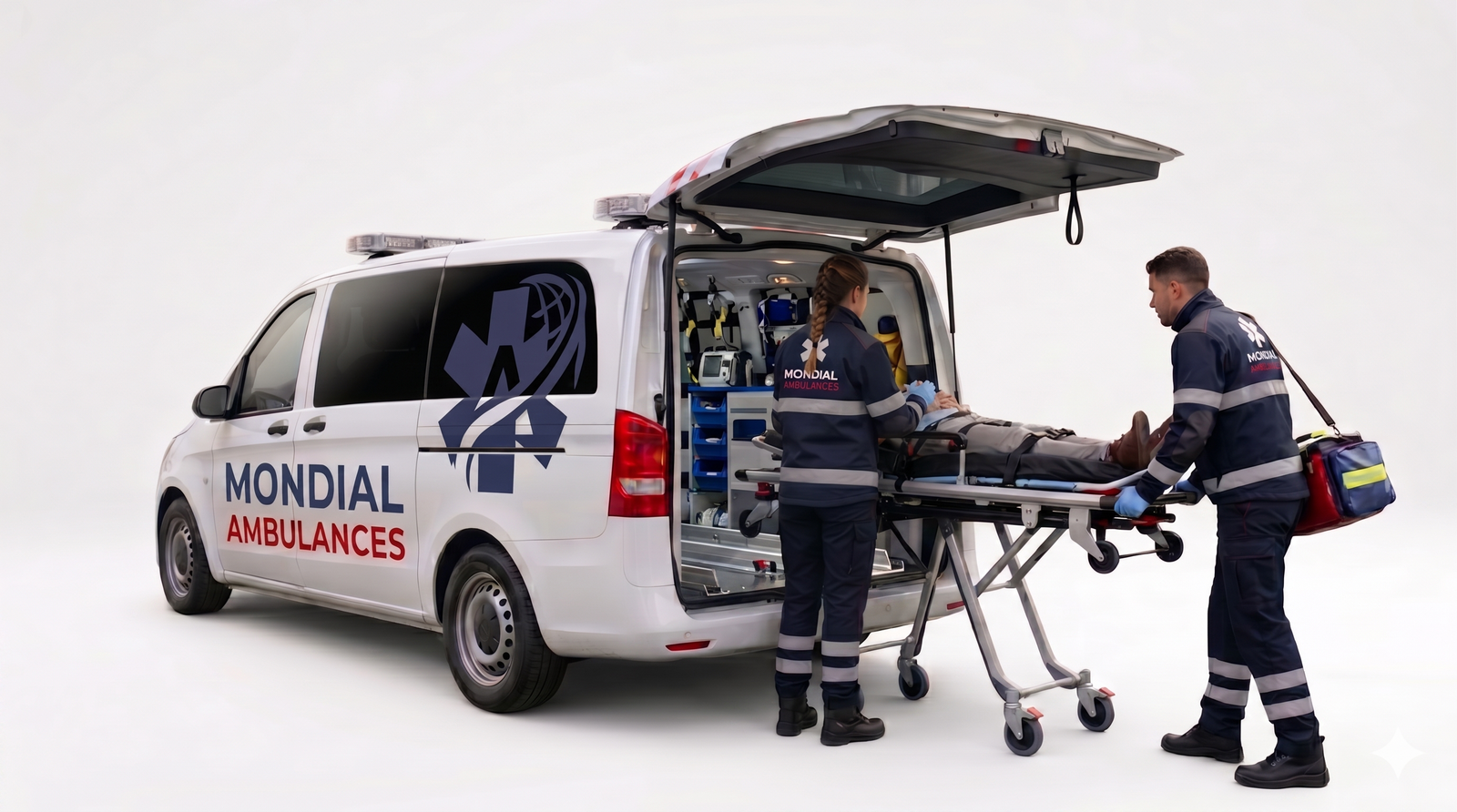 Équipe Mondial Ambulances en intervention, chargement d'un patient